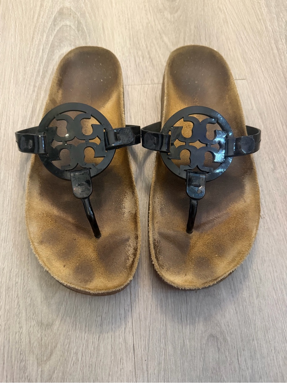 Tory Burch Black Patent Logo Thong Sandals